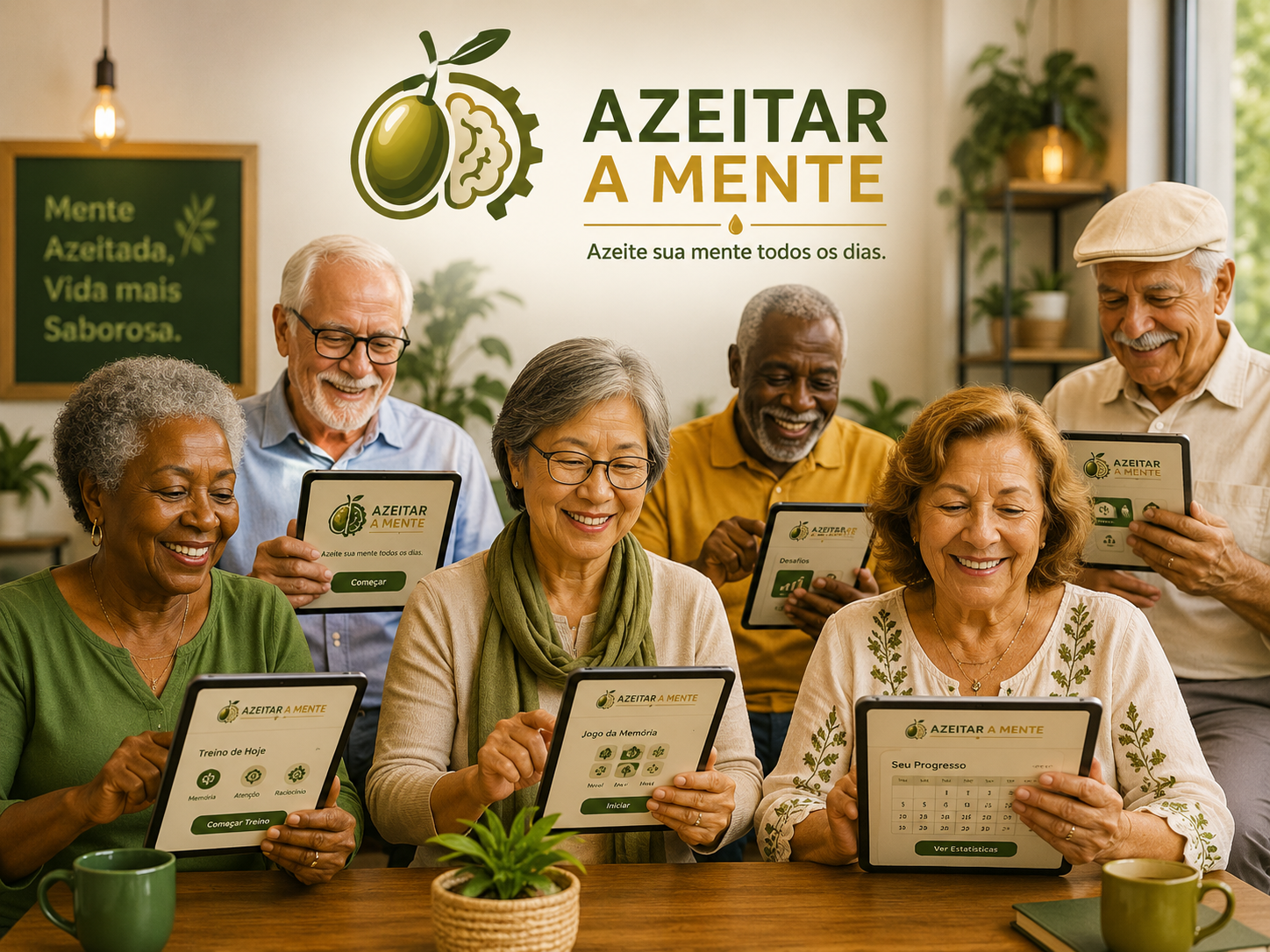 Pessoa idosa usando tablet com a plataforma Azeitar a Mente